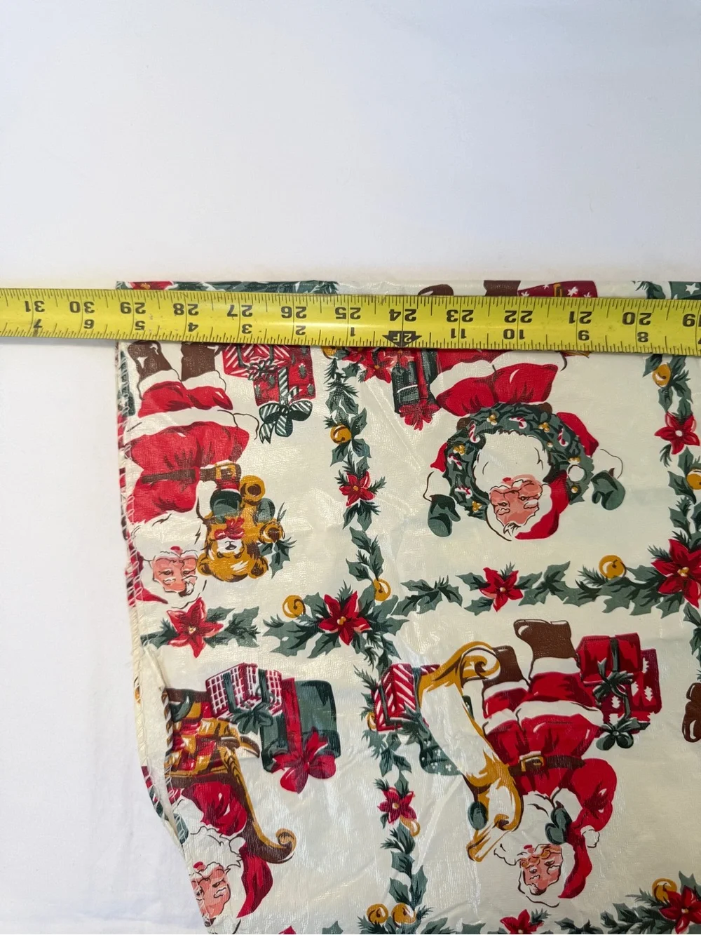 Vintage 70s Christmas Holiday Tablecloth, Vinyl Santa Design, Retro, Round 60”